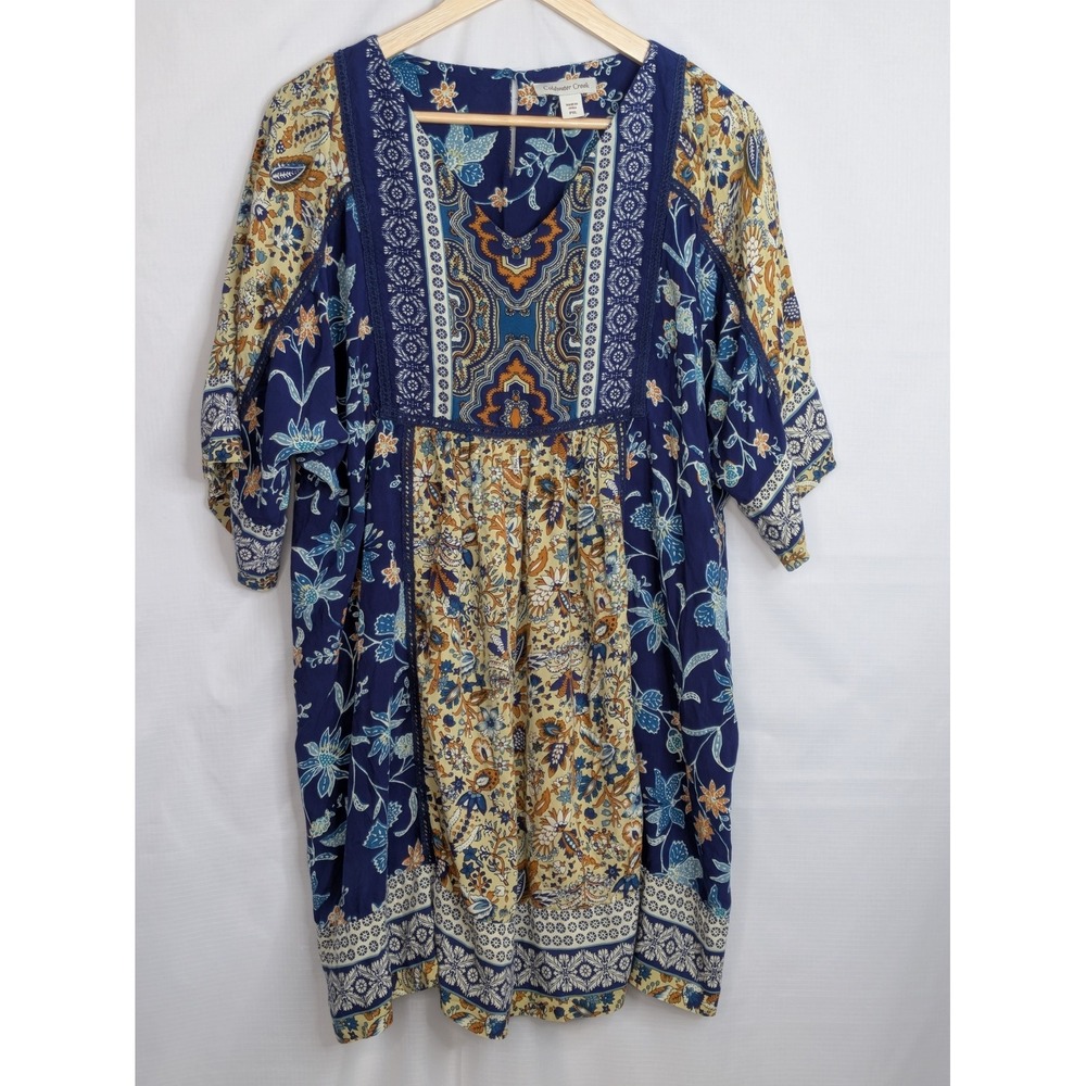Coldwater Creek Women PXL Tunic Top Blue Boho Floral Paisley Oversized Rayon